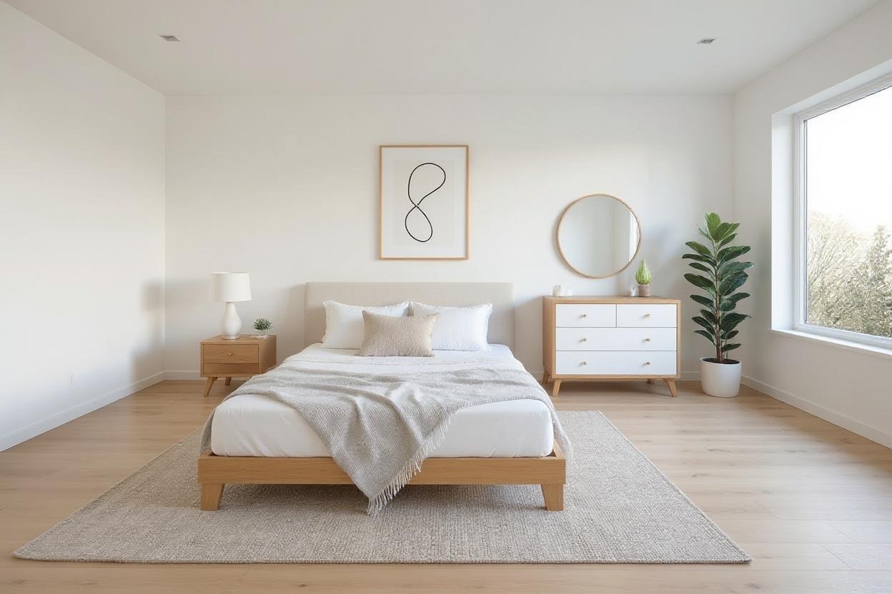 Staged bedroom with cozy furniture